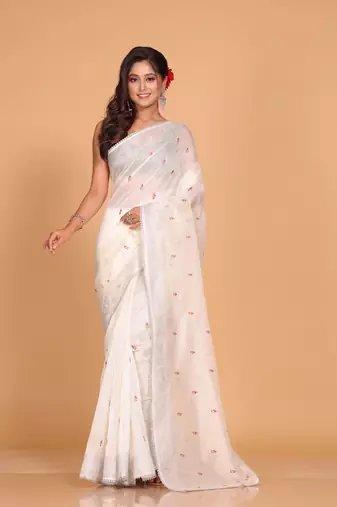 Supernet cotton embroidery saree(Off White)