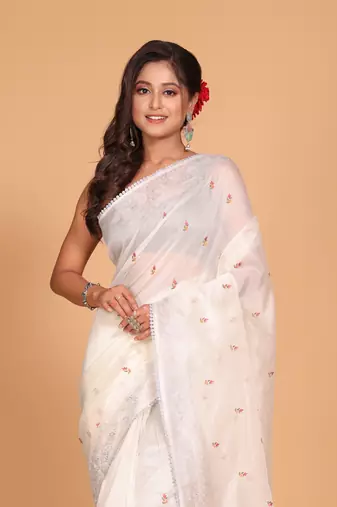 Supernet cotton embroidery saree(Off White)