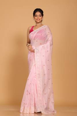 Supernet cotton embroidery saree(Pink) 1
