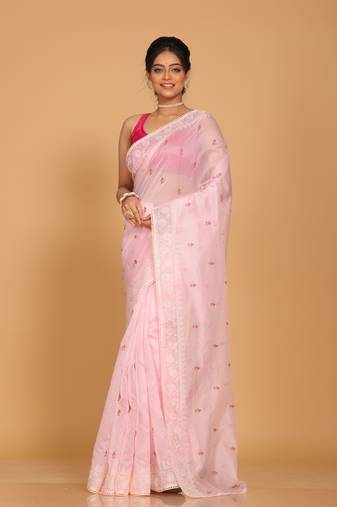 Supernet cotton embroidery saree(Pink)