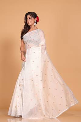 Supernet cotton embroidery saree(Off White) 3