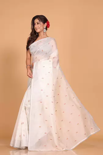 Supernet cotton embroidery saree(Off White)