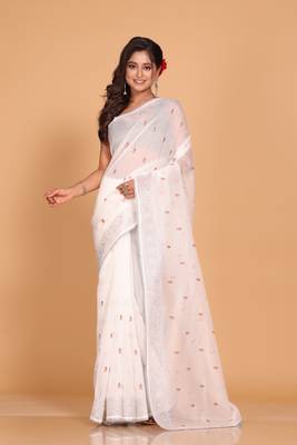 Supernet cotton embroidery saree(White) 1