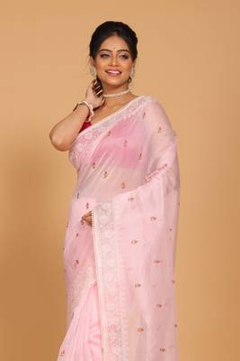 Supernet cotton embroidery saree(Pink) 2