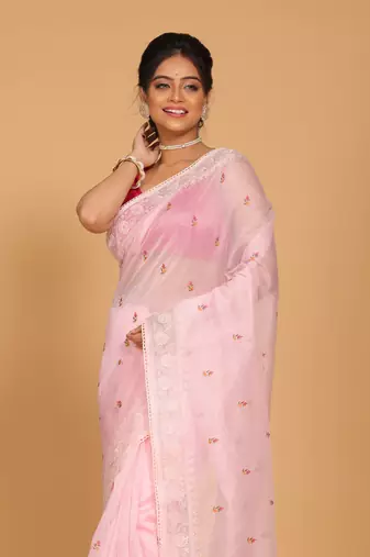 Supernet cotton embroidery saree(Pink)