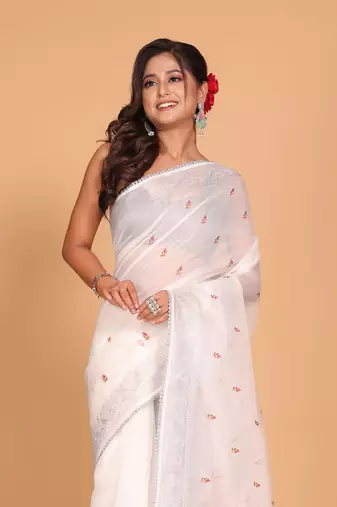 Supernet cotton embroidery saree(White)