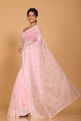 Supernet cotton embroidery saree(Pink) 3