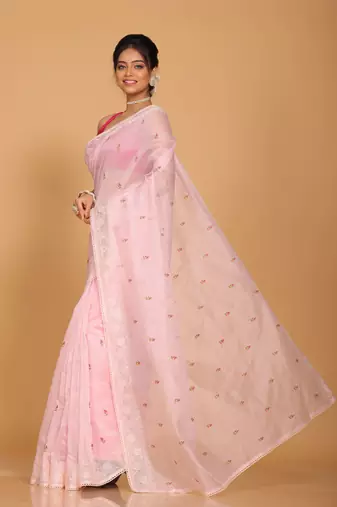 Supernet cotton embroidery saree(Pink)