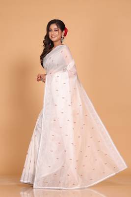 Supernet cotton embroidery saree(White) 3