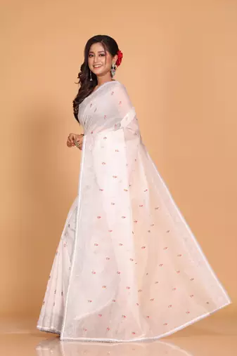 Supernet cotton embroidery saree(White)