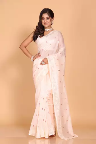Supernet cotton embroidery saree(Peach)
