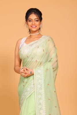 Supernet cotton embroidery saree(Green) 1