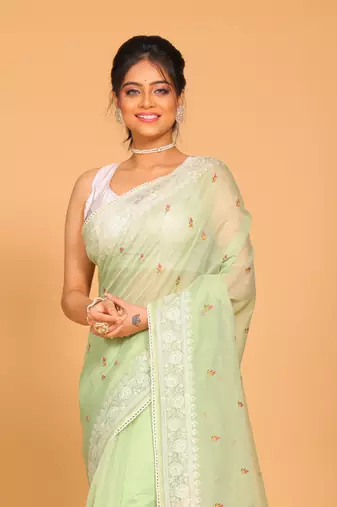 Supernet cotton embroidery saree(Green)