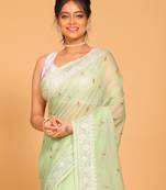 Supernet cotton embroidery saree(Green)