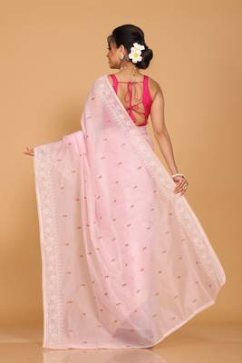 Supernet cotton embroidery saree(Pink) 4