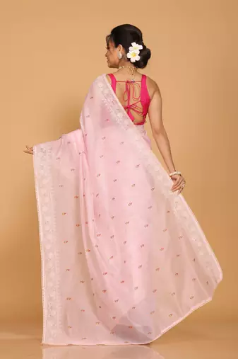 Supernet cotton embroidery saree(Pink)
