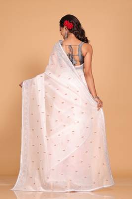 Supernet cotton embroidery saree(White) 4