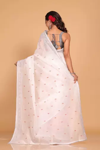 Supernet cotton embroidery saree(White)