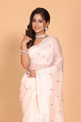 Supernet cotton embroidery saree(Peach)