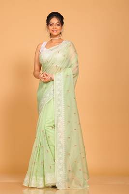 Supernet cotton embroidery saree(Green) 2