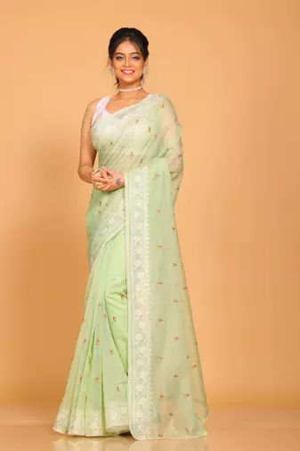 Supernet cotton embroidery saree(Green)