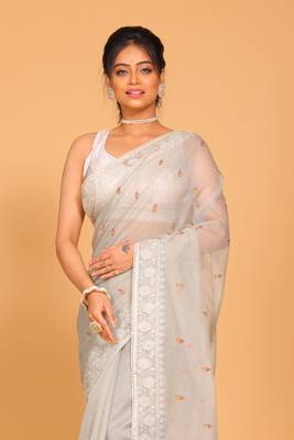 Supernet cotton embroidery saree(Grey) 1