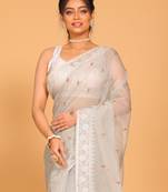Supernet cotton embroidery saree(Grey)