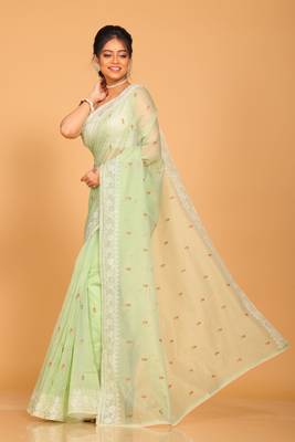 Supernet cotton embroidery saree(Green) 3