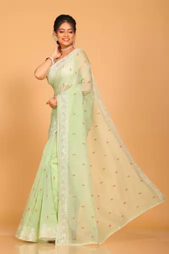 Supernet cotton embroidery saree(Green)