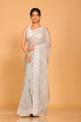 Supernet cotton embroidery saree(Grey) 2