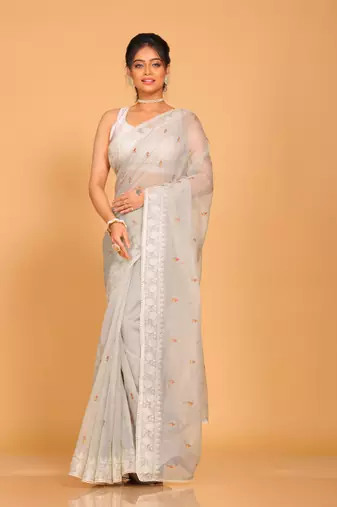 Supernet cotton embroidery saree(Grey)