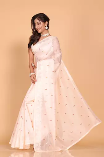 Supernet cotton embroidery saree(Peach)