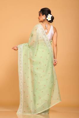 Supernet cotton embroidery saree(Green) 4