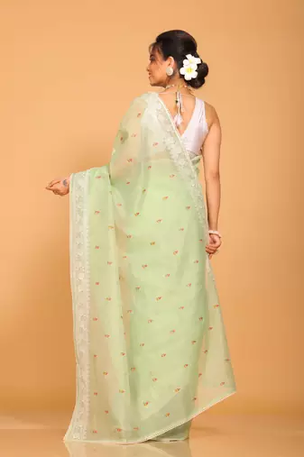 Supernet cotton embroidery saree(Green)