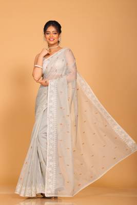 Supernet cotton embroidery saree(Grey) 3