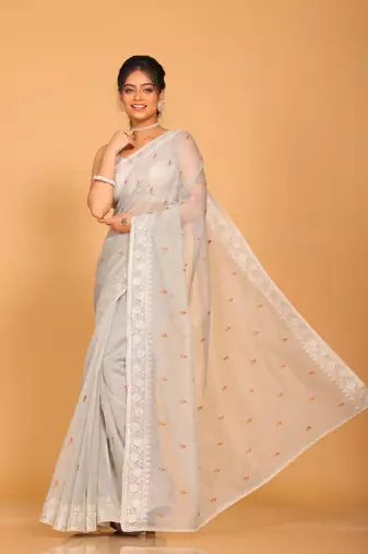 Supernet cotton embroidery saree(Grey)