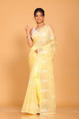 Supernet cotton embroidery saree(Yellow) 1