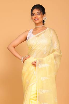 Supernet cotton embroidery saree(Yellow) 2