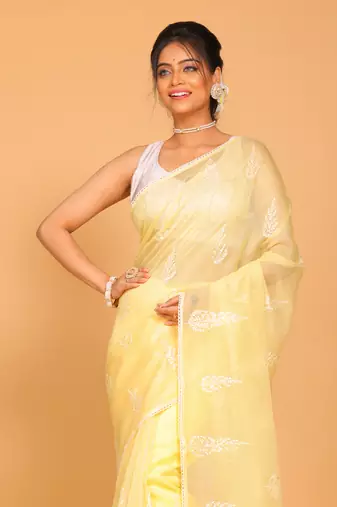 Supernet cotton embroidery saree(Yellow)