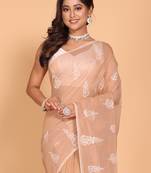 Supernet cotton embroidery saree(Brown)