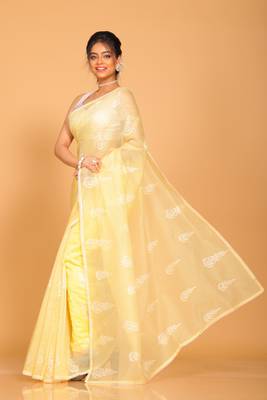 Supernet cotton embroidery saree(Yellow) 3