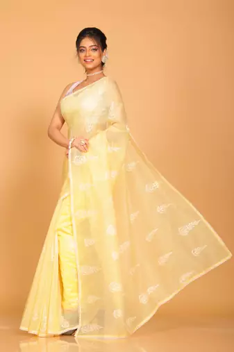 Supernet cotton embroidery saree(Yellow)