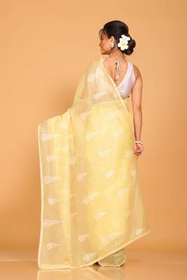 Supernet cotton embroidery saree(Yellow) 4