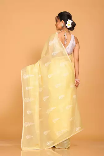 Supernet cotton embroidery saree(Yellow)