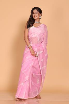 Supernet cotton embroidery saree(Pink) 1