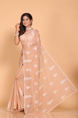 Supernet cotton embroidery saree(Brown) 3