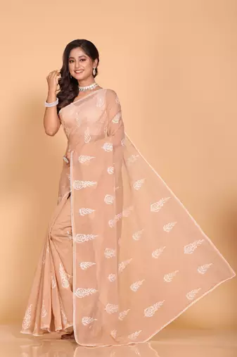 Supernet cotton embroidery saree(Brown)