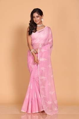 Supernet cotton embroidery saree(Pink) 2