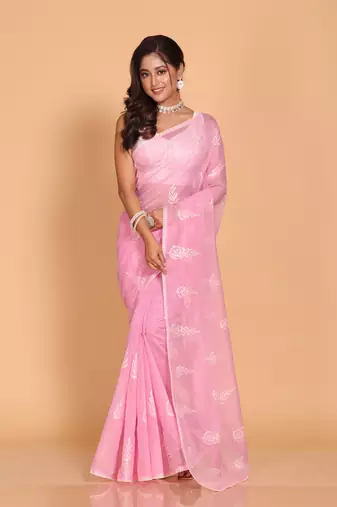 Supernet cotton embroidery saree(Pink)