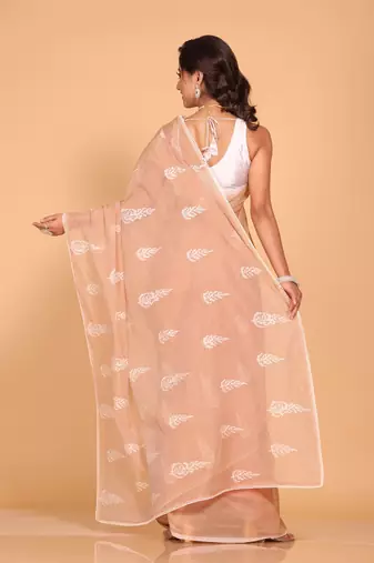Supernet cotton embroidery saree(Brown)